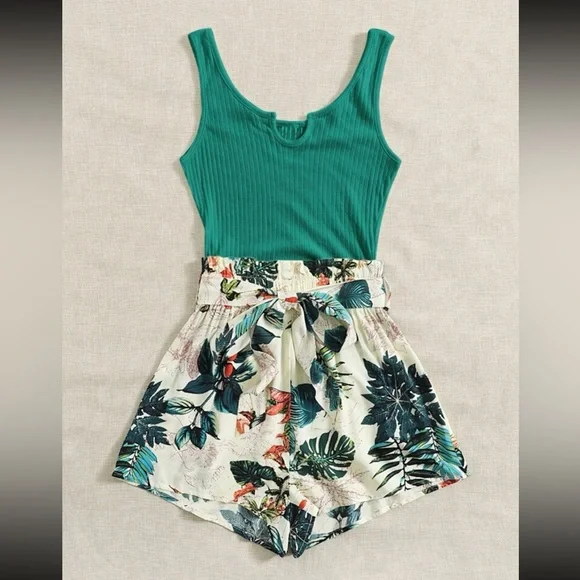 SHEIN Tropical Print Paperbag Waist Belted Combo Tank Romper - Picture 1 of 2